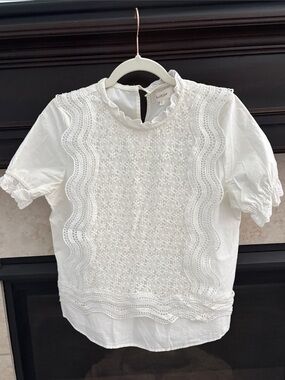 bohme White Eyelet Lace Ruffled Neck Blouse